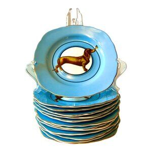 🌭🐶ANTHROPOLOGIE - SINGLE Blue Dachshund Dog Side/Dessert Plate w Gold Edge